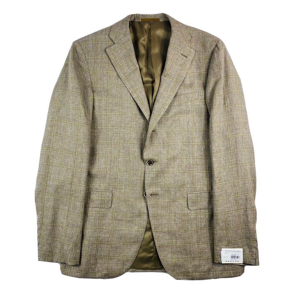 Caruso Linen Wool Silk Brown Windowpane Checked Blazer‎ Size 42R NWT